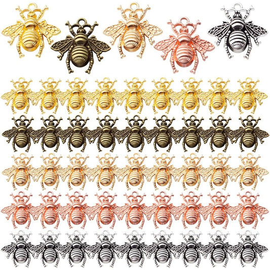 50pcs Alloy Bee Charms Honeybee Charm Pendants Insect Pendant for DIY Jewelry Craft Making Accessory,21mm×20mm,5 Colors