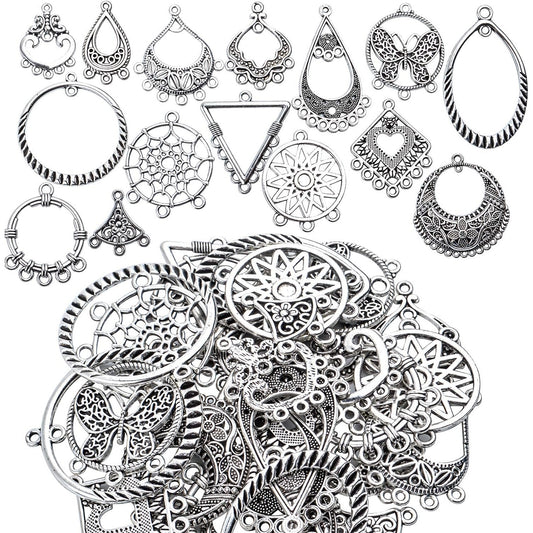 30 Pieces Antique Silver Chandelier Earrings Earring Component Connector Charms Jewelry Making for Earring Drop and Charm Pendant, 15 Styles