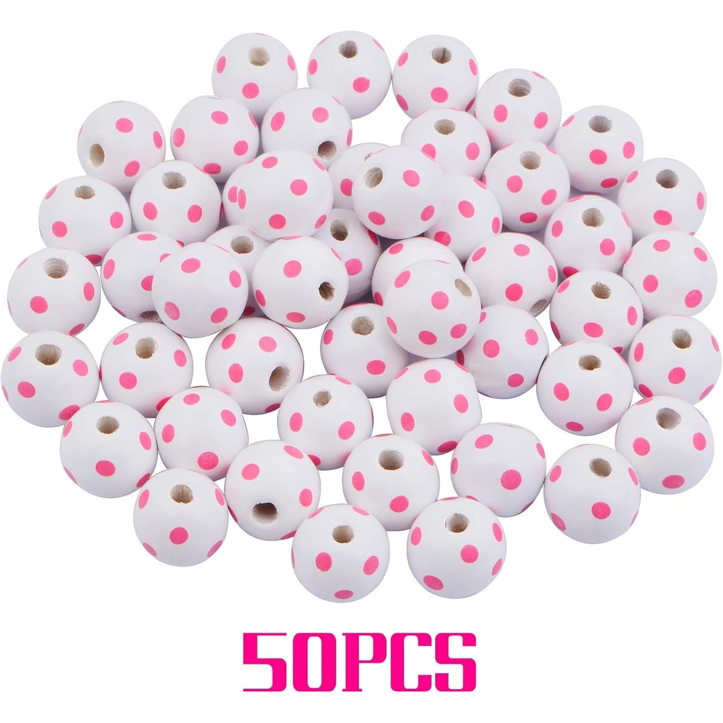 50pcs 16 mm Printed Dots Wood Beads Round Print Wooden Spacer Beads Natural Handmade Polished Valentine's Day Beads for DIY Crafts Jewelry Making Home Party Decoration