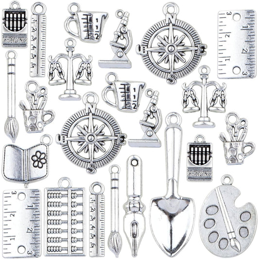 42pcs Antique Silver School Theme Charms Tibetan Alloy Mixed Ruler Writing Brush Pen Abacus Compasses Pendants Study Supplies for DIY Crafts Jewelry Making, 14 Styles