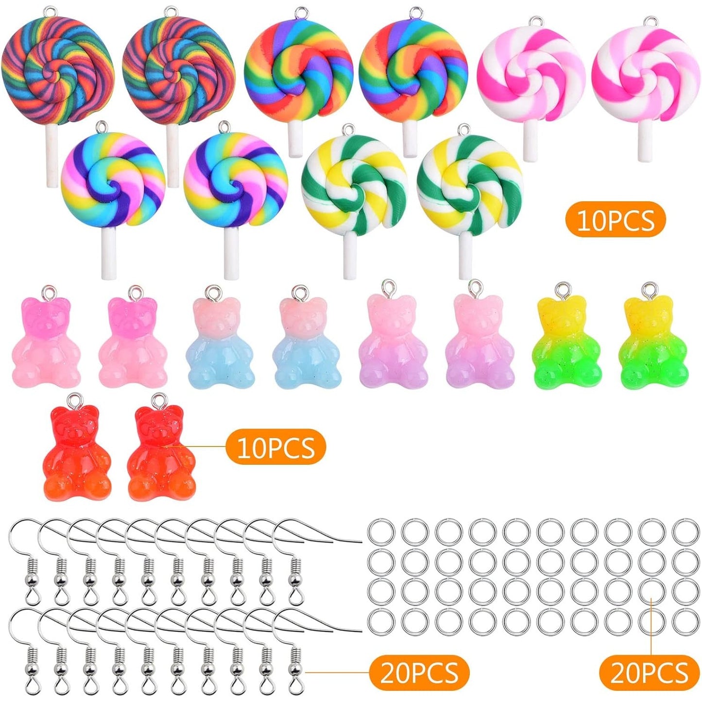 10pcs Colorful Sweet Candy Lollipop Charms and 10pcs Gummy Bear Pendants Resin Polymer Clay Charms with 20pcs Earring Hooks and 20pcs Jump Rings for DIY Earrings Craft Jewelry Making