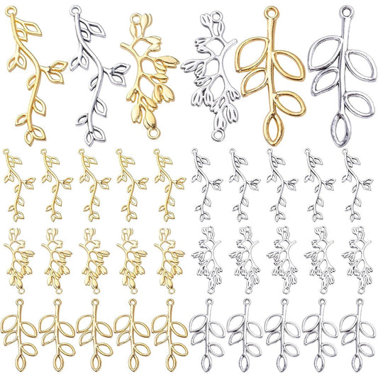 60pcs Tree Leaf Charms Pendants Tibetan Alloy Leaves Branch Bead Charms Dangle Pendants for DIY Earring Necklace Crafts Supplies Jewelry Making Findings, 3 Styles, 2 Colors