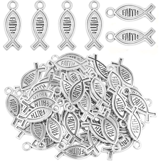 50pcs Antique Silver Faith Jesus Fish Charms Vintage Alloy Christian Fish Shape Pendant Charms Craft Supplies for DIY Bracelet Necklace Keychains Jewelry Making