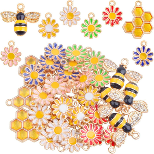 32pcs Enamel Sunflower Bee Charms Colorful Daisy Flower Pendants Alloy Rhinestone Honeybee Honeycomb Dangle Charms for DIY Necklace Bracelet Jewelry Making Findings, 3 Styles