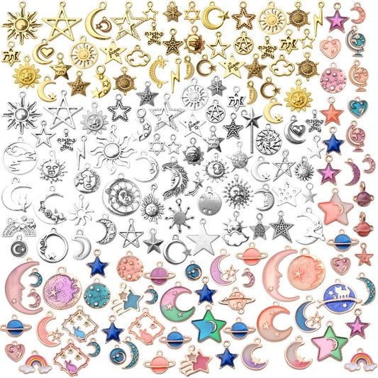 170pcs Jewelry Celestial Charm Pendants, Assorted Gold Plated Enamel Moon Star Charms, Mixed Styles Alloy Sun Moon Star Charms Pendants DIY for Bracelet Necklace Earring Jewelry Making and Crafting