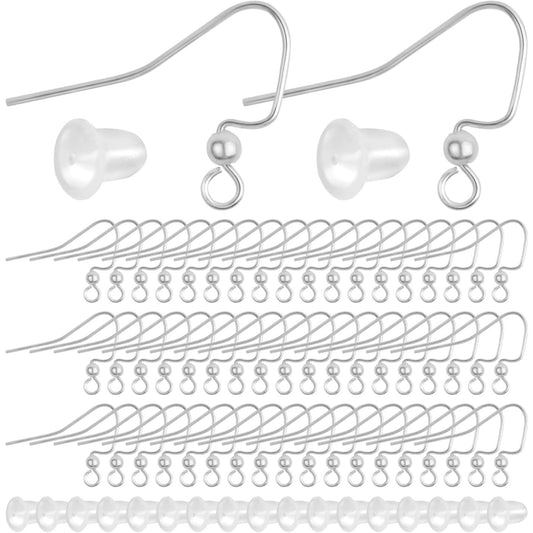 100pcs Stainless Steel Earring Hooks Hypoallergenic French Ear Wire Ball Fish Hooks with 100pcs Clear Earring Safety Backs for DIY Earrings Jewelry Making Supplies