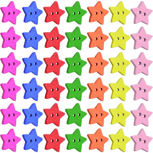 200pcs Mixed Colors Wooden Star Buttons with 2 Holes Small Star Shape Knitting Wood Rustic Buttons for DIY Clothes Sewing Scrapbooking Art Craft Painting Decoration
