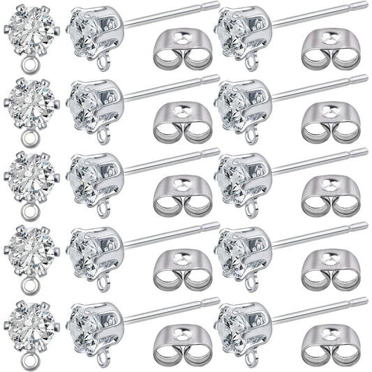 40pcs Cubic Zirconia Earring Posts with Loop Rhinestone Earring Studs and 40pcs Ear Backs Stoppers Accessories for DIY Jewelry Making Wedding Birthday Gifts
