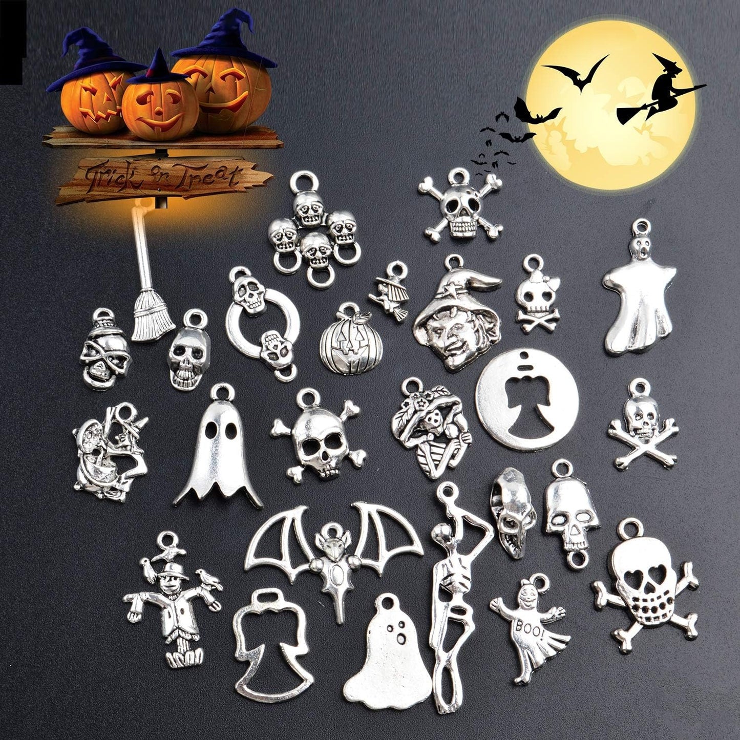Wholesale Bulk 60 Pieces Mixed Halloween Charms Assorted Atique Silver Skull Skeleton Pumpkin Bat Witch Pendants Charms for Jewelry Making Key Rings Crafts