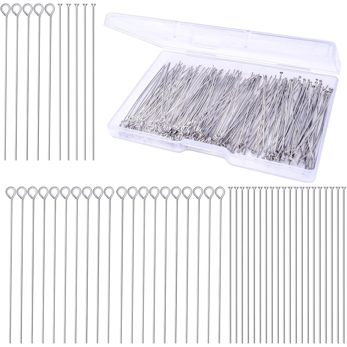 200pcs 50 mm Stainless Steel Open Eye Pins Flat Head Pins Jewelry Headpins Findings with a Plastic Box for DIY Charm Beads Bracelet Necklace Jewelry Making