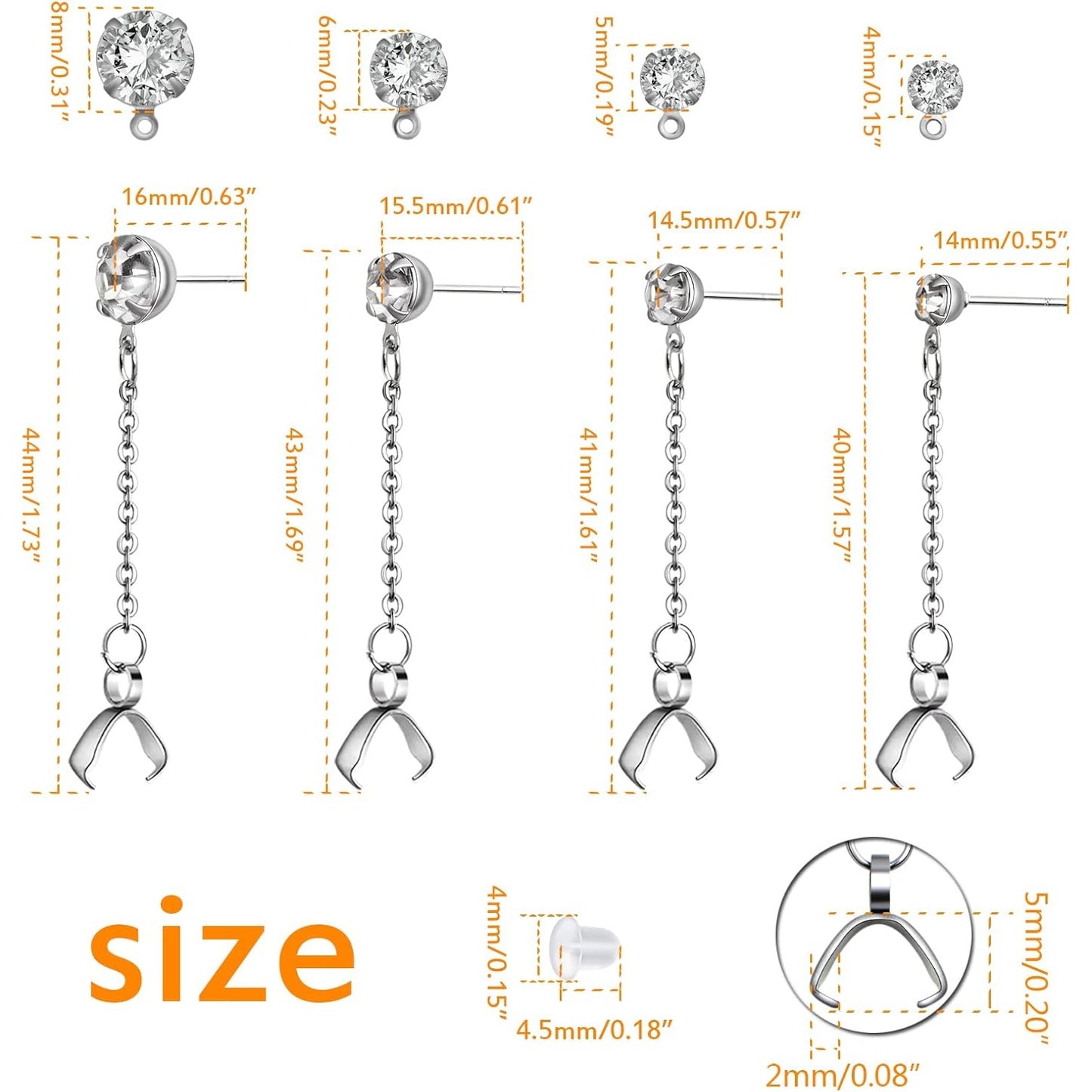 8pcs Stainless Steel Rhinestone Earring Studs Silver Plated Earring Posts with Pinch Clasps Chains and 20pcs Clear Bullet Earring Backs for DIY Jewelry Making Supplies, 4 Sizes