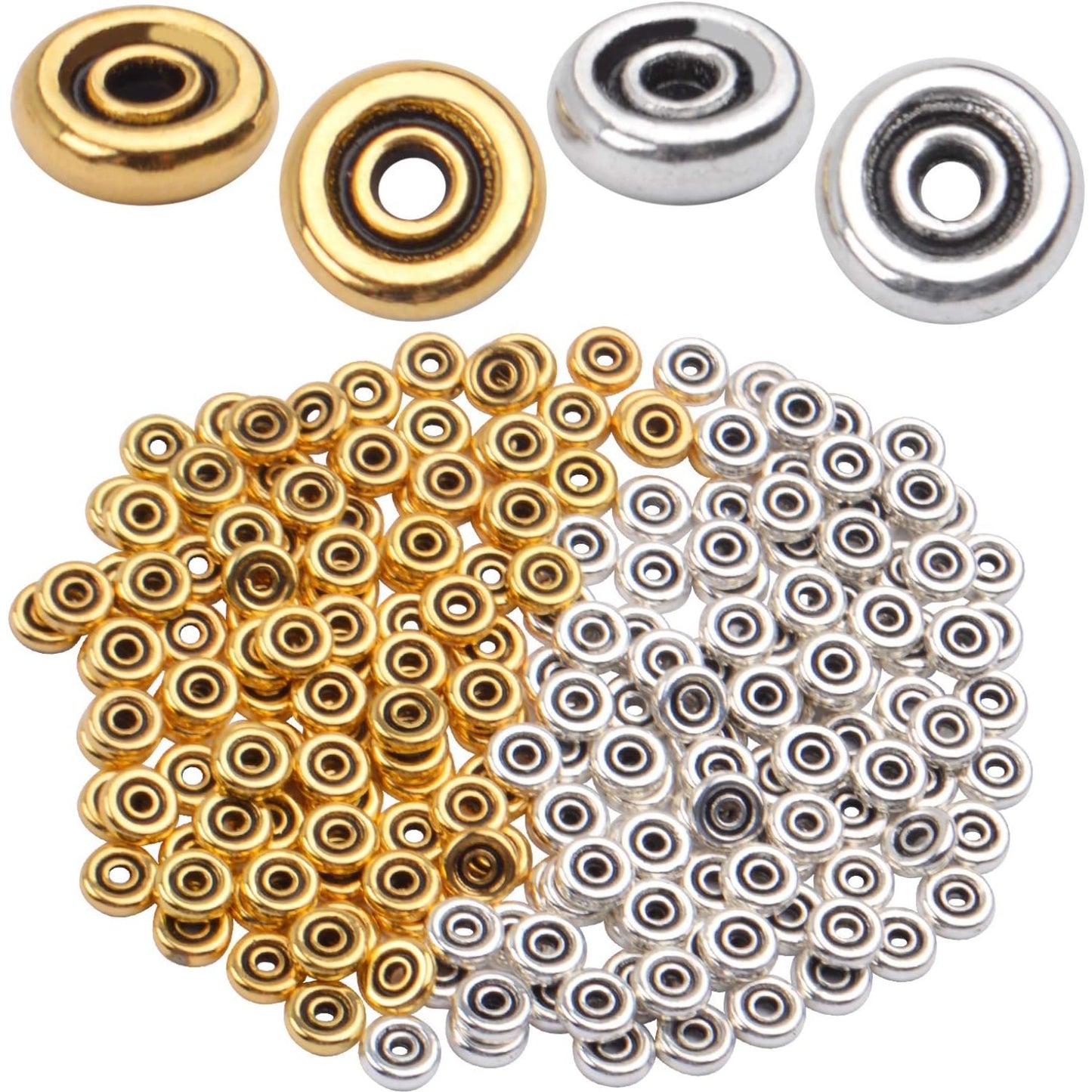 200pcs 6mm Flat Round Disc Alloy Rondelle Spacer Beads Craft Supplies for Bracelet Necklace Jewelry Making,2mm Hole