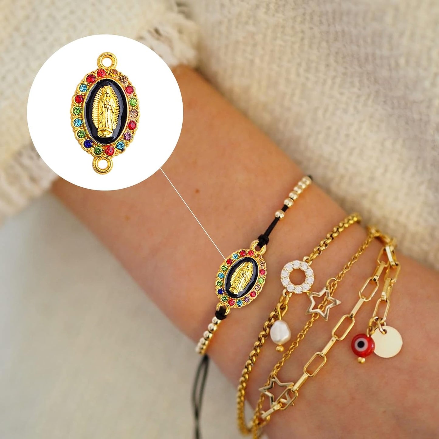 24pcs 6 Colors Enamel Virgin Mary Charms Links Alloy Inlay Rhinestones Our Lady Miraculous Medal Connector Pendants for DIY Necklace Bracelet Earrings Jewelry Making