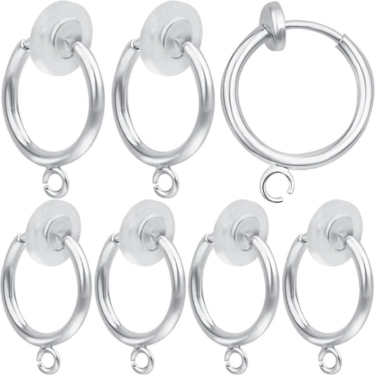 16pcs Brass Clip-on Hoop Earring Converters Round Dangle Ear Clips Classic Earring Findings with Open Loop for Non-Pierced Ears Jewelry Making, Bright Silver