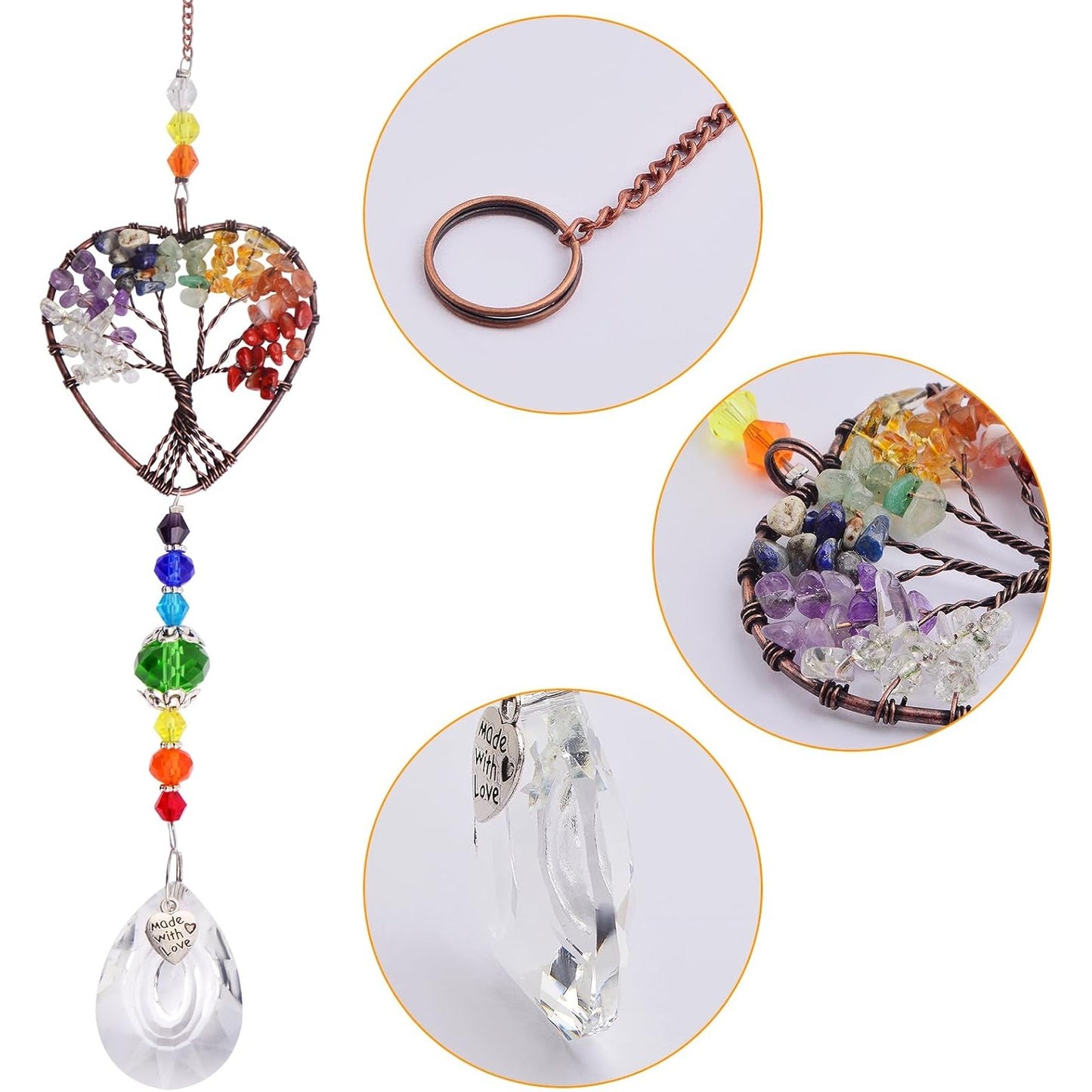 1pcs Rainbow Heart-Shaped Sun Catcher, Tree of Life Crystal Suncatcher Window Hanging Crystals Ornament Chakra Stones Prism Drop Pendant for Garden Home Car Lamp Window Decoration