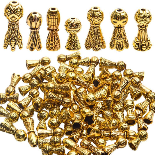 Jewelry Bead Caps,100 Gram Antique Golden Bead Caps Tibetan Style Bead Cones Caps Flower Bead End Caps Alloy Bead Terminators with Ball End for Jewelry Bracelet Necklace DIY Craft Making,7 Styles