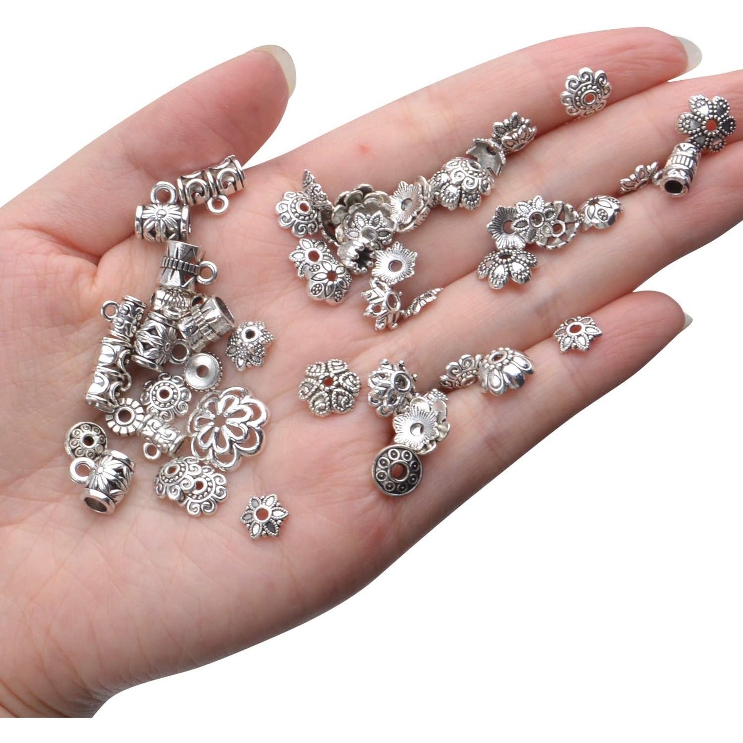 200g (About 400-500pcs) Tibetan Alloy Spacer Beads Flower Bead Caps Bail Tube Beads Rondelle Flower Heart Loose Charm Beads for DIY Bracelet Necklace Crafts Jewelry Making