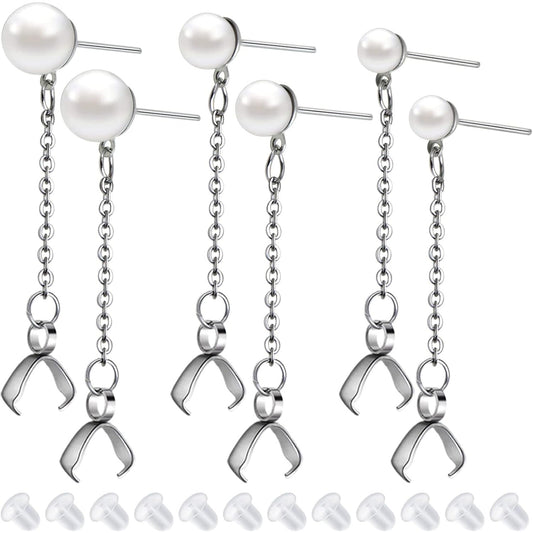 6pcs Stainless Steel Pearl Earring Studs Hypoallergenic Ear Posts with Loop and Pinch Clasp Chains, and 20pcs Clear Earring Backs for DIY Dangle Earring Jewelry Making, 3 Sizes