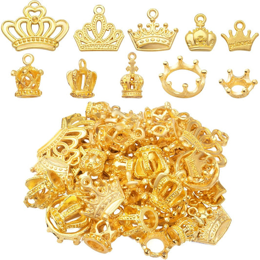 50pcs 10 Styles Crown Charms Pendants Alloy 3D Mini Lovely King Pendant Vintage Crown Bead Charms Jewelry Making Accessory for DIY Necklace Bracelet Earrings Crafts, Golden