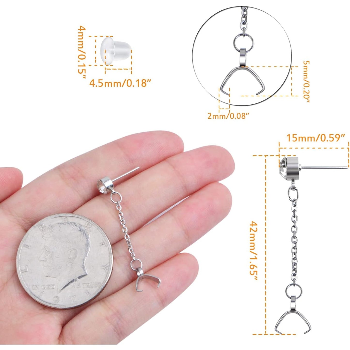 10pcs Hypoallergenic Rhinestone Earring Studs Stainless Steel Earring Posts with Bead Chains and Pinch Clasps, 20pcs Clear Bullet Earring Backs for DIY Jewelry Making Supplies