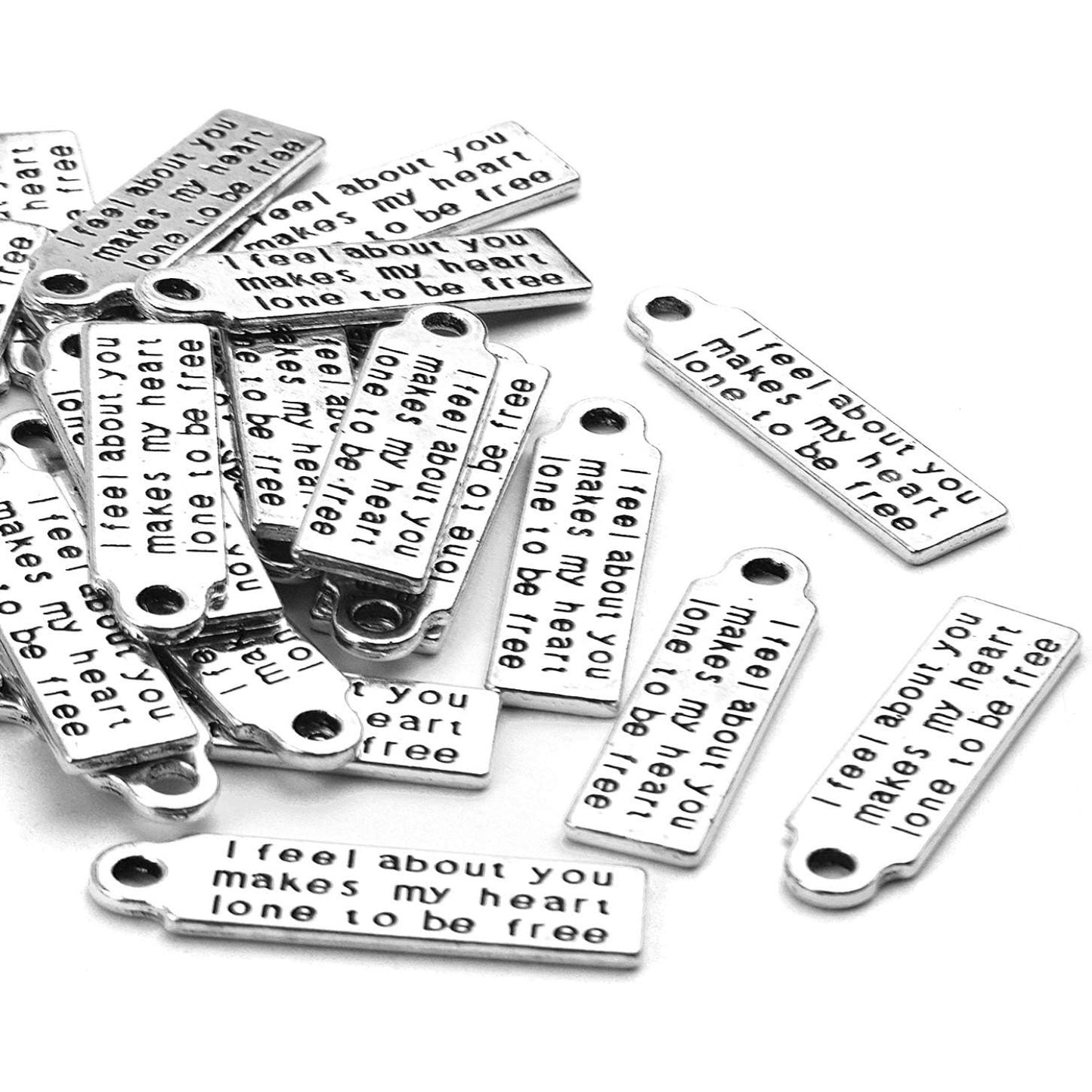 Word Charms Collection,30pcs Antique Silver Message Pendants Inspirational Lettering charms for Jewelry Making Decoration Crafting,30 x 8mm (i feel about you makes my heart lone to be free)