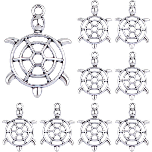 50pcs Antique Silver Hollow Sea Turtle Charms Tibetan Alloy Ocean Animal Sea Life Turtle Tortoise Pendants Accessories for DIY Necklace Bracelet Crafts Jewelry Making