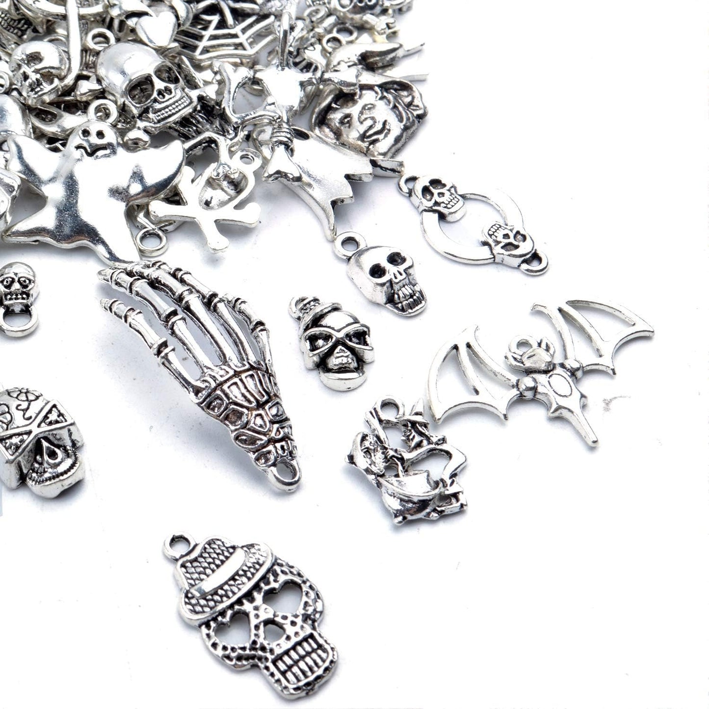 Wholesale Bulk 60 Pieces Mixed Halloween Charms Assorted Atique Silver Skull Skeleton Pumpkin Bat Witch Pendants Charms for Jewelry Making Key Rings Crafts