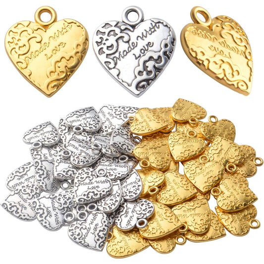 50pcs Heart Shape Made with Love Words Charms,19mm×17mm Alloy Heart Beads Charm Pendant for DIY Jewelry Making Necklace Bracelets Accessories,2 Colors