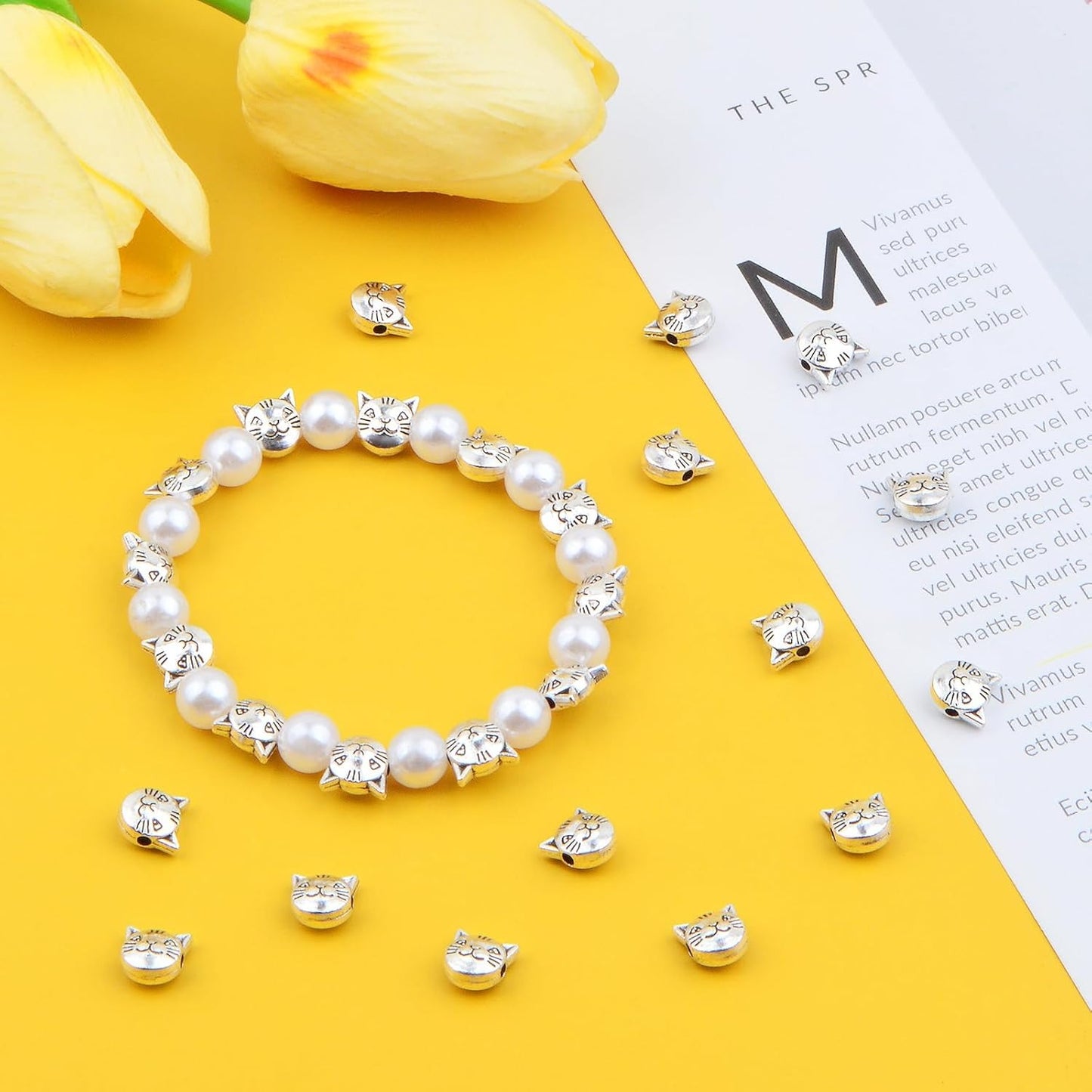 50pcs Antique Silver Cat Spacer Beads Alloy Cat Head Beads Animal Charm Beads Craft Supplies for DIY Jewelry Necklace Bracelet Keychains Making and Crafting