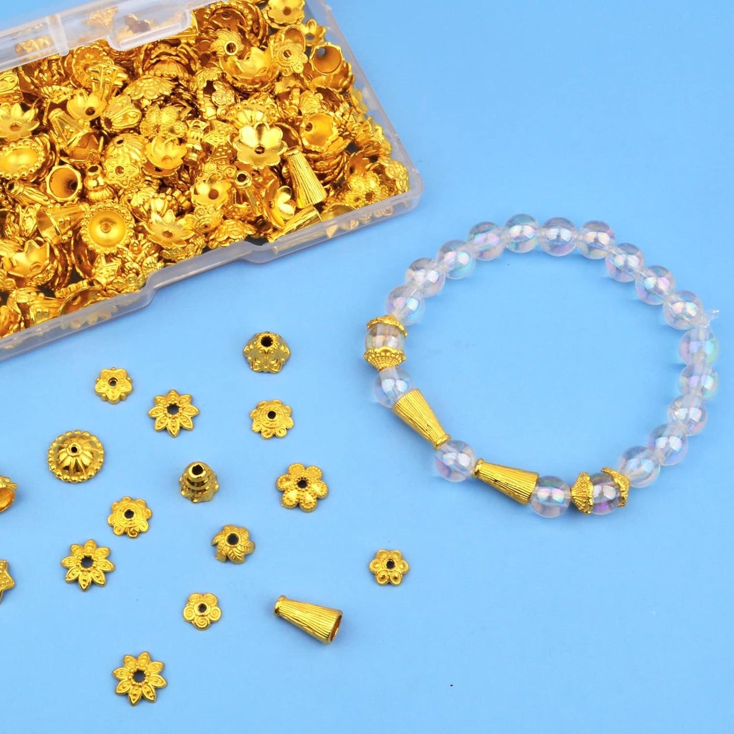 120g Bead Caps with A Clear Storage Box, Tibetan Gold Beads Spacers Jewelry Findings Accessories for Jewelry Making 300-350 Pieces