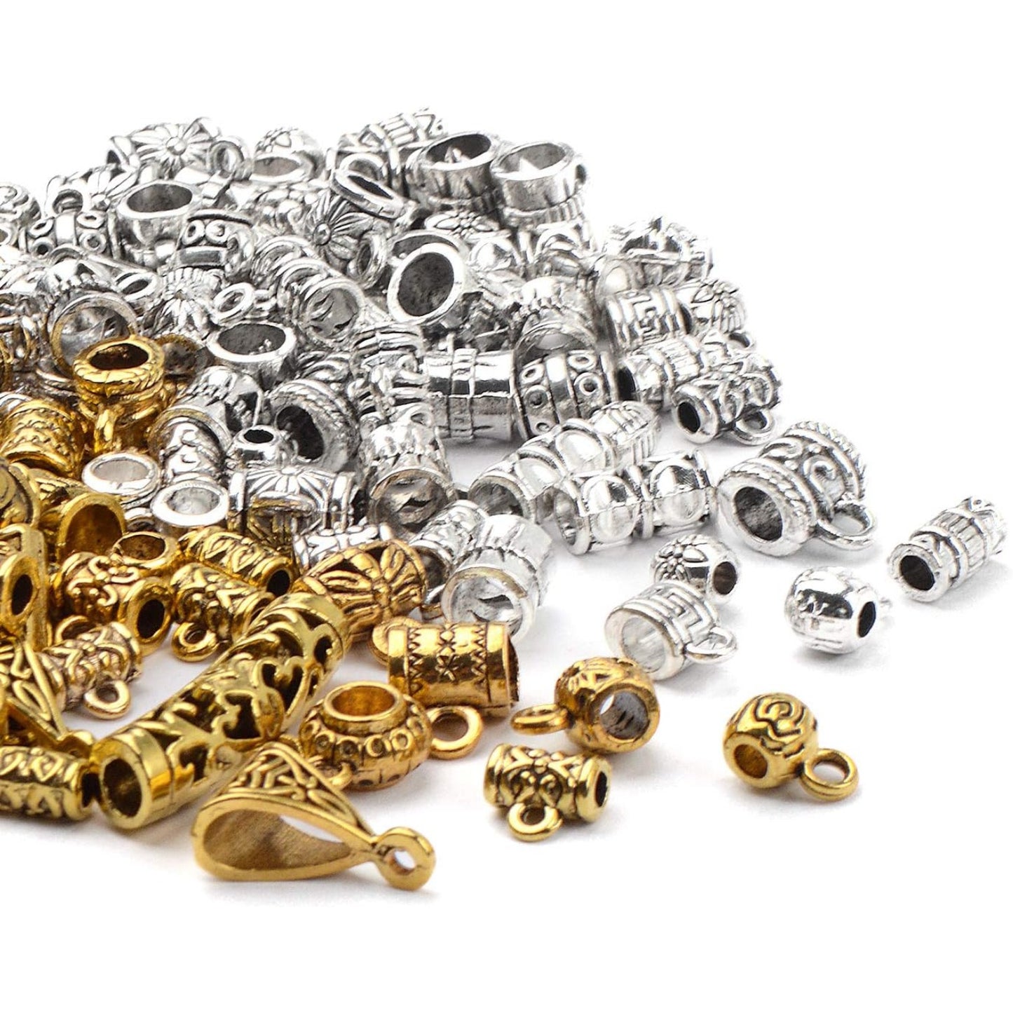 Bail Beads, 100g (About 120-150pcs) Tibetan Bail Tube Beads Spacer Beads Bracelet Charms Bead Hangers fit European Charm Bracelet Jewelry Making