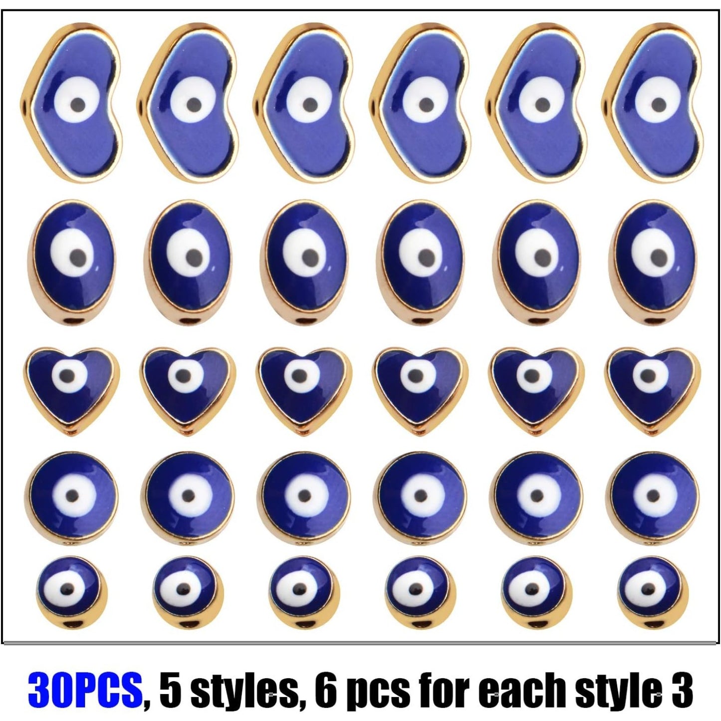 Blue Evil Eye Beads,30pcs Alloy Evil Eye Spacer Beads Round Heart Oval Evil Eye Beads Charms Gold Plated Evil Eye Beads Bulk for DIY Bracelet Necklace Crafts Jewelry,1-6mm Diameter