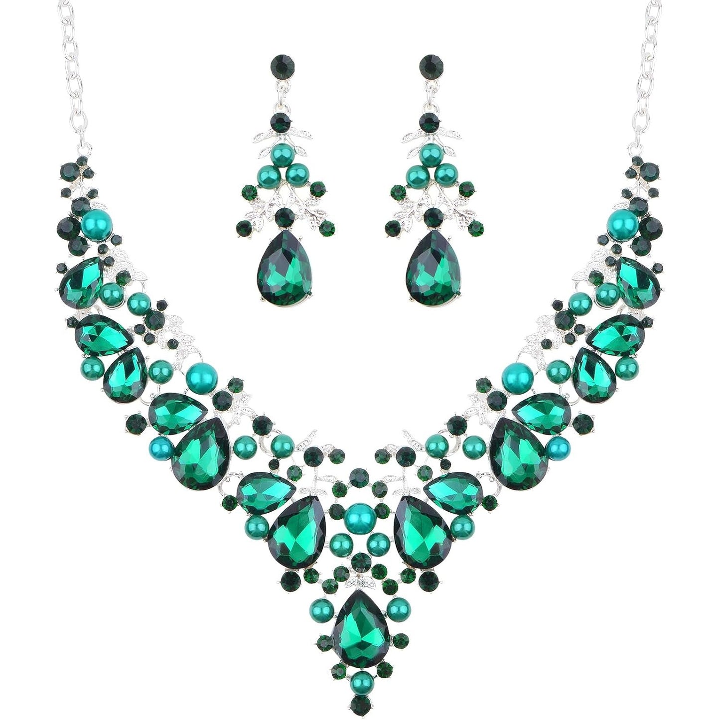 Jewelry Set for Women, 1 Set Green Pearl Crystal Necklace and Dangle Earrings Elegant Bridal Floral Cluster Teardrop Statement Necklace Earrings for Party Prom Gifts