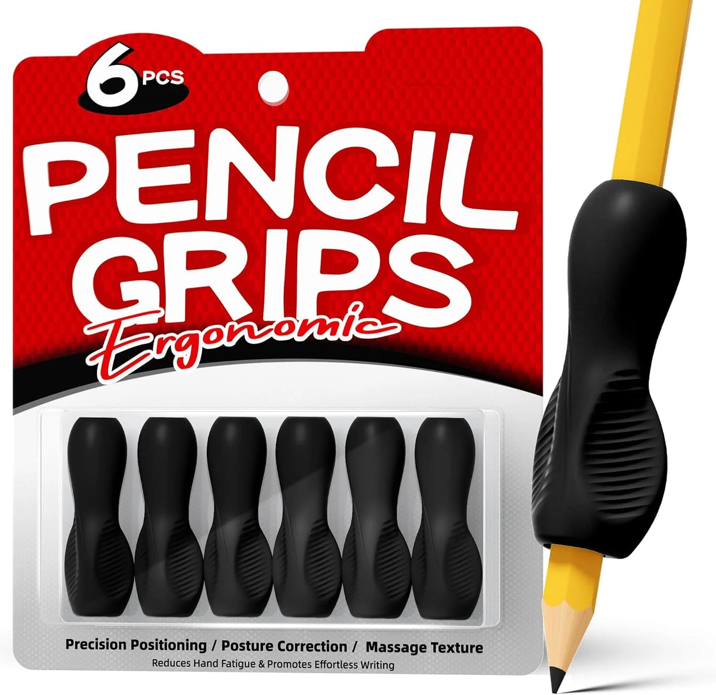 Aylifu 6 Pack Ergonomic Pencil Grips,Triangular Design with Finger Grooves for Children &Arthritis,Soft Non-Slip Silicone,Corrects Grip Position for Writing and Drawing,Left & Right Handed,Black