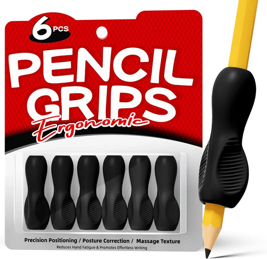 Aylifu 6 Pack Ergonomic Pencil Grips,Triangular Design with Finger Grooves for Children &Arthritis,Soft Non-Slip Silicone,Corrects Grip Position for Writing and Drawing,Left & Right Handed,Black