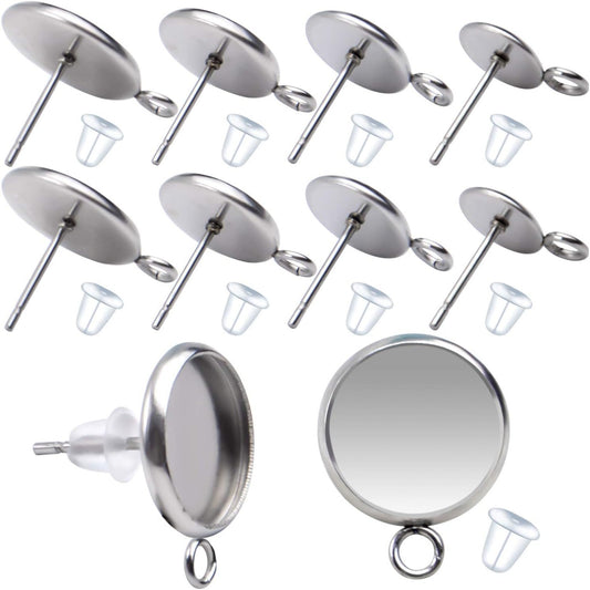 40 Pieces Stainless Steel Cabochon Blank Earring Studs Earring Tray and 40 Pieces Silicone Clear Earring Back for Earring Making,6mm,8mm,10mm,12mm