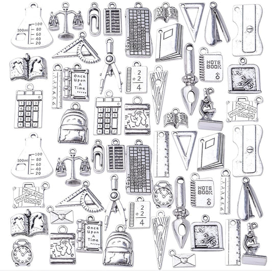 56pcs Mixed Styles School Theme Charms Tibetan Alloy Teacher Pendants Ruler Pen Books Calculator Compass Charms for DIY Bracelet Necklace Crafts Jewelry Making, Antique Silver
