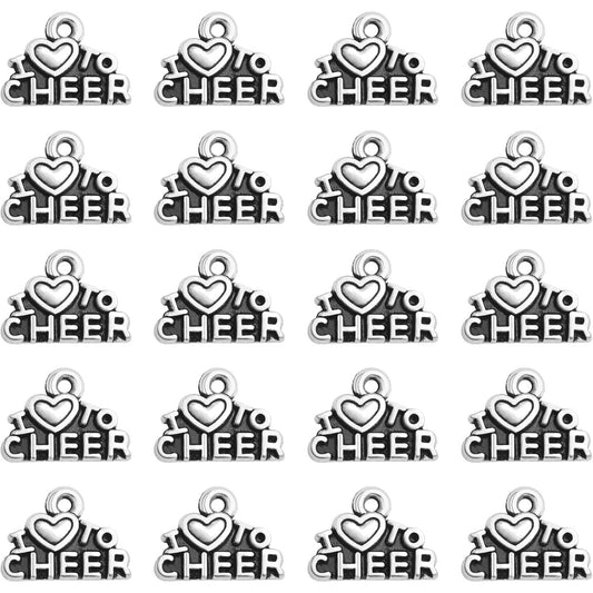 100pcs Antique Silver I Love to Cheer Charms Vintage Alloy Love Cheer Pendants Sport Cheerleader Dangle Charms for DIY Necklace Bracelet Jewelry Supplies Cheerleading Gifts