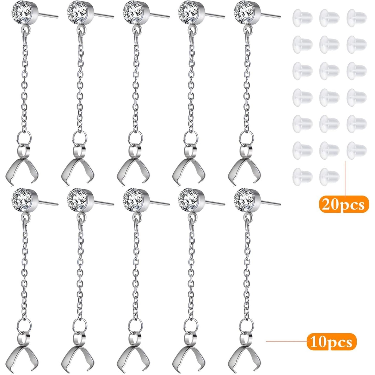 10pcs Hypoallergenic Rhinestone Earring Studs Stainless Steel Earring Posts with Bead Chains and Pinch Clasps, 20pcs Clear Bullet Earring Backs for DIY Jewelry Making Supplies