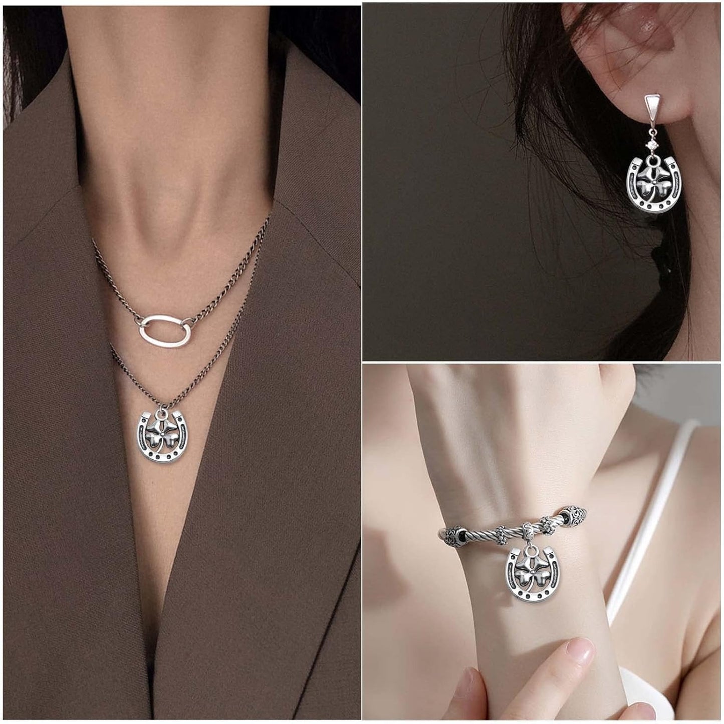50pcs Antique Silver Horseshoe Charms Alloy Four Leaf Clover Pendants U Shaped Lucky Clover Horseshoe Charms for DIY Bracelet Necklace Jewelry Making Crafting, Hole: 2.7 mm