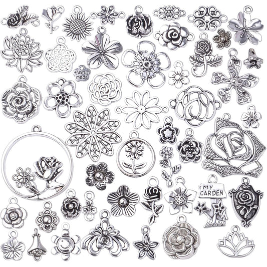 50pcs Mixed Styles Rose Flower Charms Tibetan Alloy Romantic Pendants Flower Beads Connectors Charms for DIY Necklace Bracelet Jewelry Making Birthday Christmas Valentine's Favor