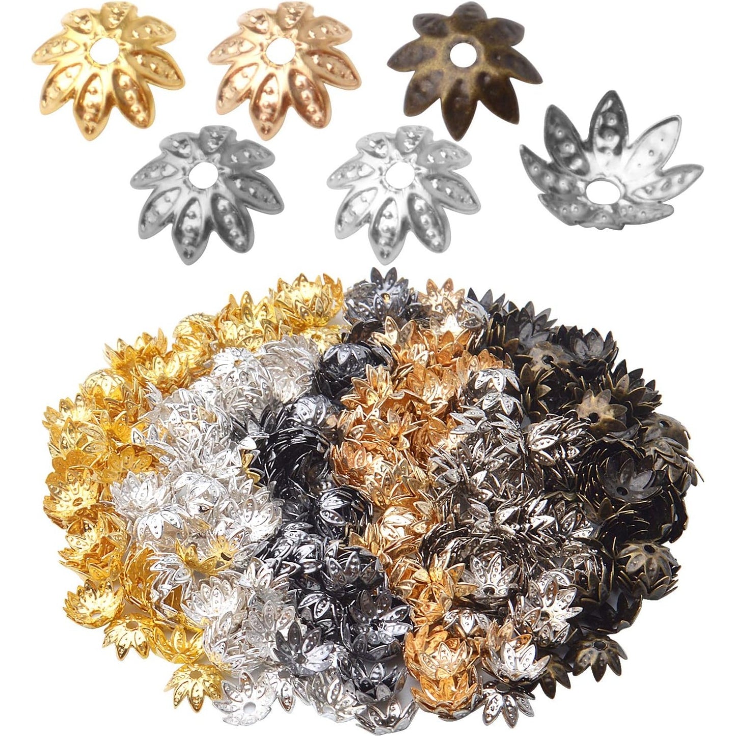 Tibetan Bead Caps, 600pcs 8 mm Antique Alloy Mixed Flower Bead Spacers Jewelry Findings Accessories for DIY Crafts, 6 Colors