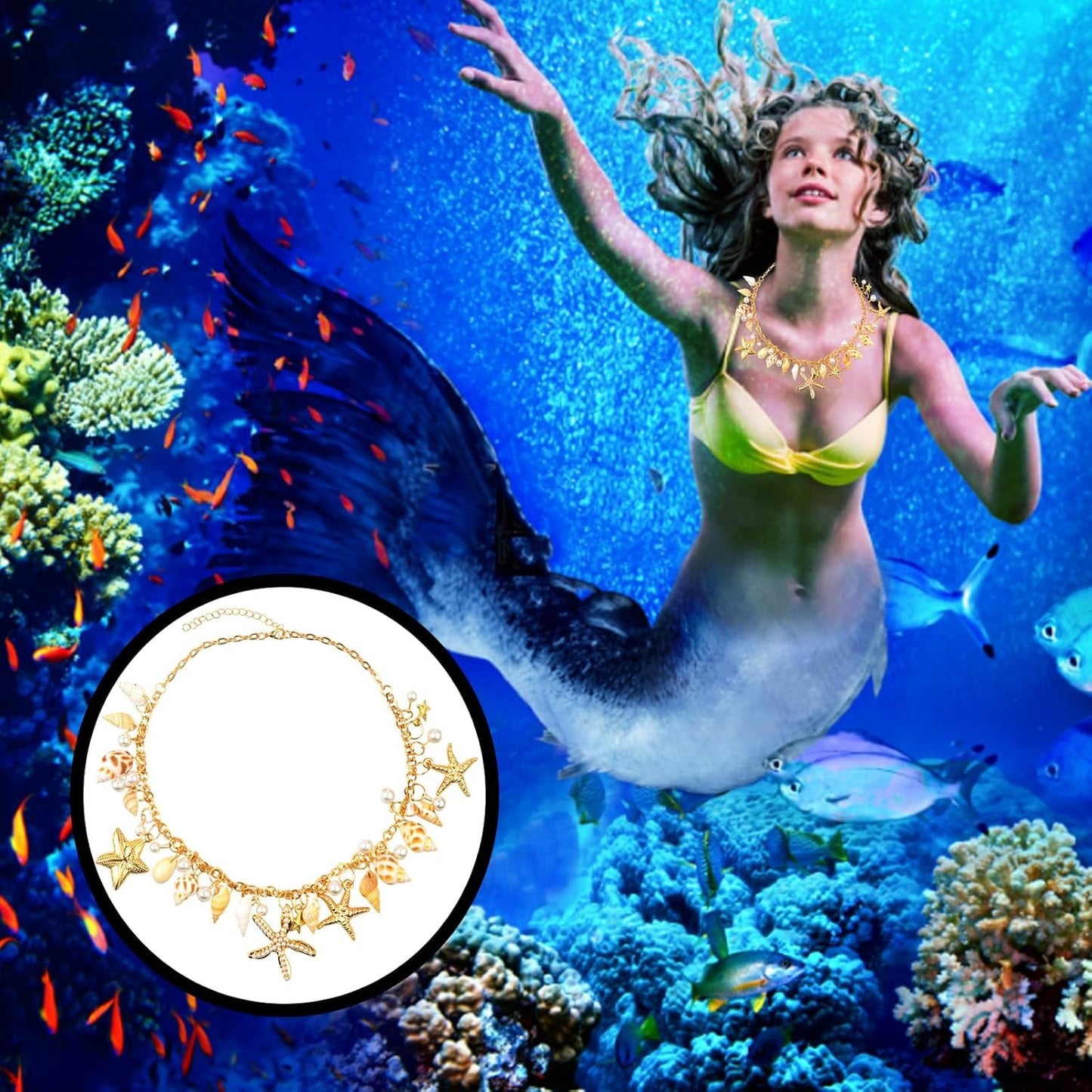 Shell Starfish Necklace Bracelet Faux Pearls Conch Statement Adjustable Chunky Necklace Mermaid Tail Bracelet Jewelry Set Costume Accessories for Women Beach-themed Party Cosplay