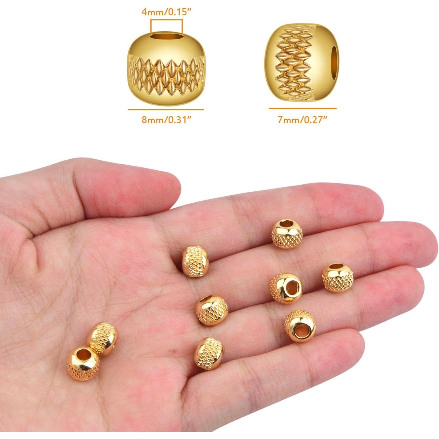 12pcs 8 mm Golden Round Large Hole Textured Spacer Beads Hypoallergenic Brass Pineapple Stripe Rondelle Loose Beads for DIY Leather Cord Snake Chain Bracelet Jewelry Making