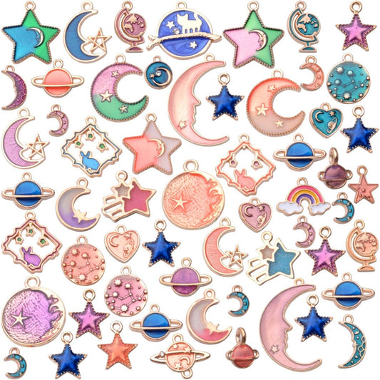 60pcs Mixed Enamel Heart Moon Star Charms Celestial Charm Jewelry Charms Pendants DIY for Earrings Necklace Bracelet Jewelry Making and Crafting, 3 Colors