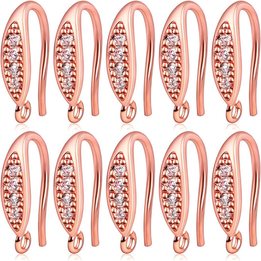 10pcs Brass Cubic Zirconia Earring Hooks Hypoallergenic Rhinestone Ear Wire Hooks with Dangle Loop Connectors for DIY Earrings Jewelry Making Findings, Rose Golden