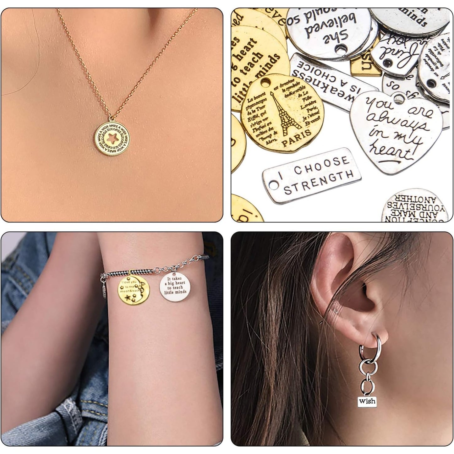 Words Pendant Charms, 46pcs Inspirational Words Charms Alloy Message Bead Pendants Accessory for DIY Necklace Bracelet Jewelry Making Crafting, Antique Golden and Silver