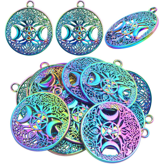 10pcs Rainbow Color Tree of Life Charms with Triple Moon Goddess Pentagram Alloy Round Pentacle Tree Dangle Pendants for DIY Necklace Bracelet Jewelry Making Decor