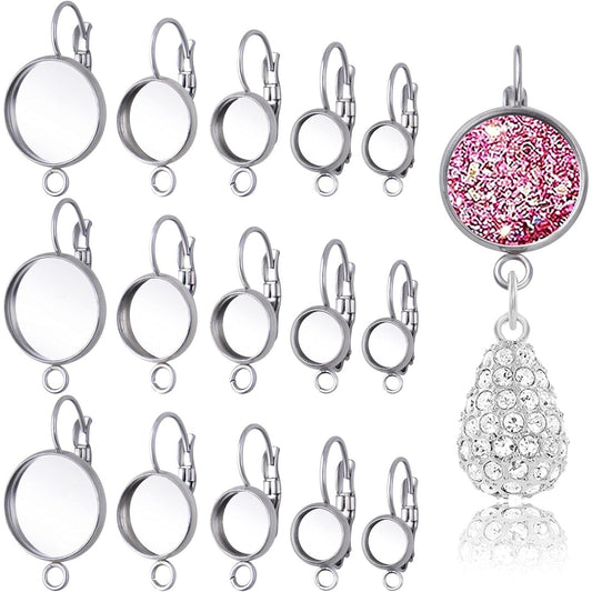 40pcs Leverback French Earring Hooks Stainless Steel Earring Blank Round Bezel Trays Earring Hoops with Loop for Women Men DIY Jewelry Making Supplies, 5 Sizes