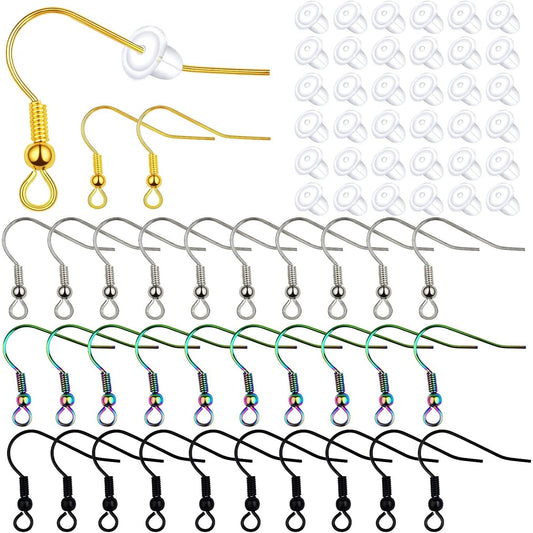 40pcs Stainless Steel Earring Hooks Hypo-allergenic Ear Wires Fish Hooks Earring Findings with 40pcs Clear Bullet Earring Backs Stoppers for DIY Jewelry Making, 4 Colors